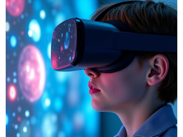 Jeune étudiant utilisant un casque de réalité virtuelle pour apprendre dans un environnement spatial